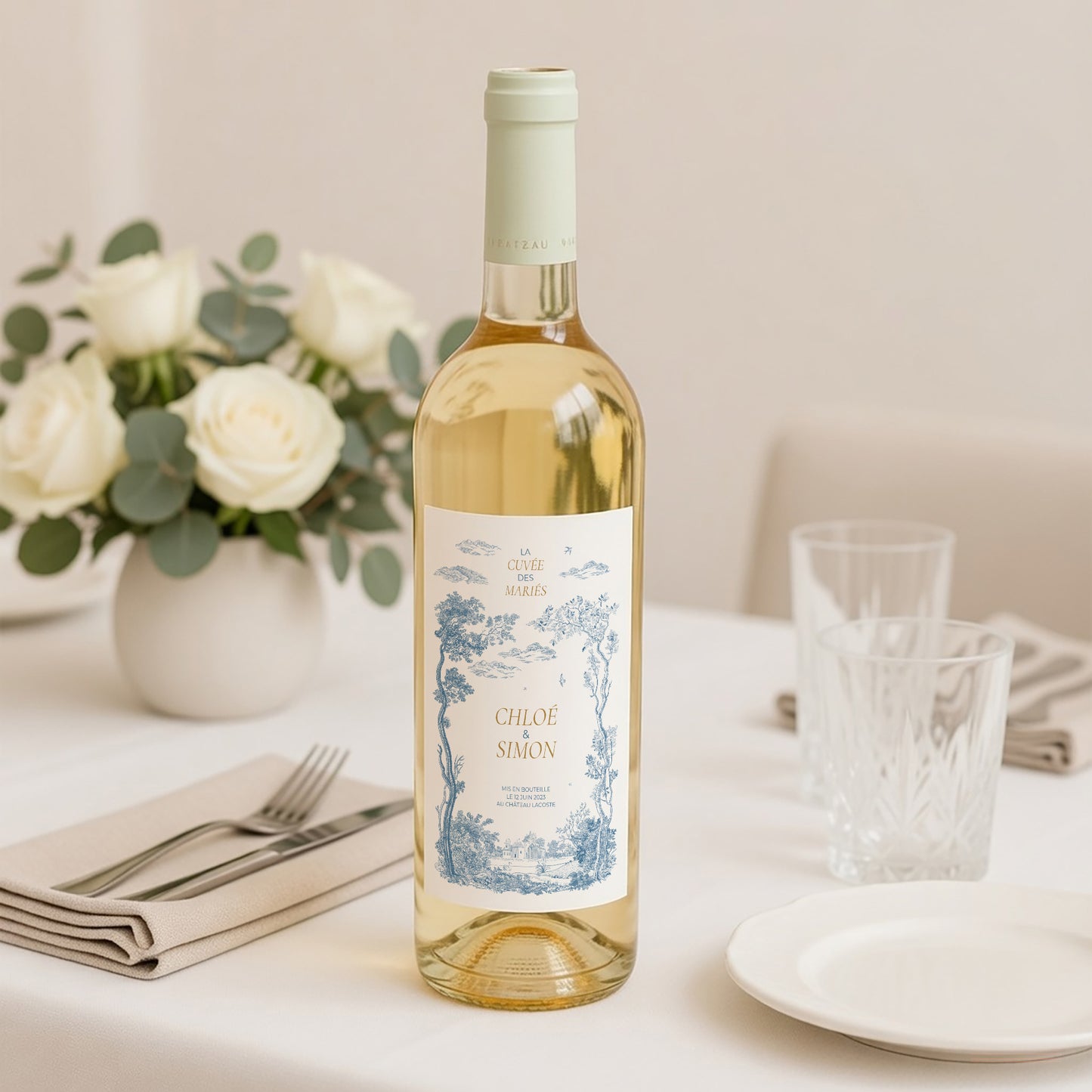 Etiquette bouteille Mariage Portrait Les jardins bleus photo N° 2