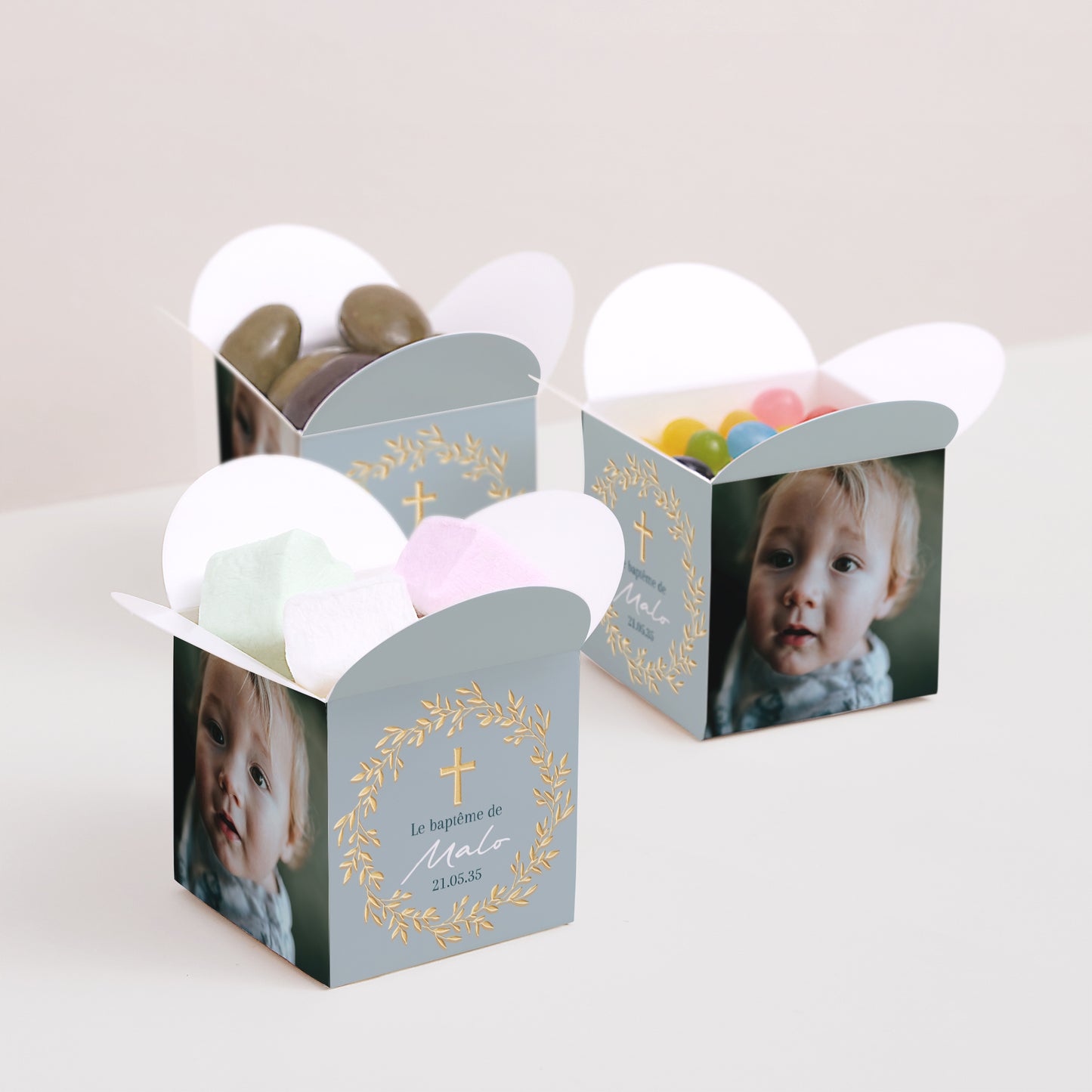 Boîte à dragées Baptême Ouverture papillon Couronne de Douceur Bleue photo N° 3