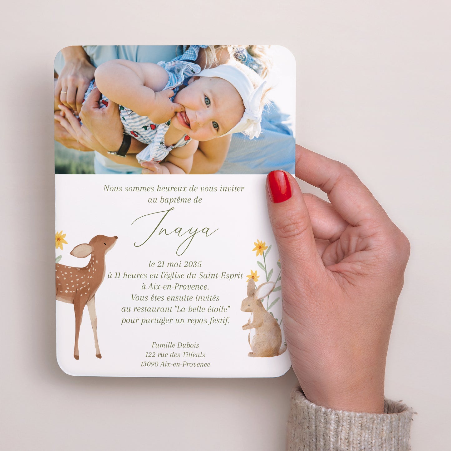 Faire-part Baptême Portrait, bords arrondis Le Baptême dans la Forêt photo N° 3