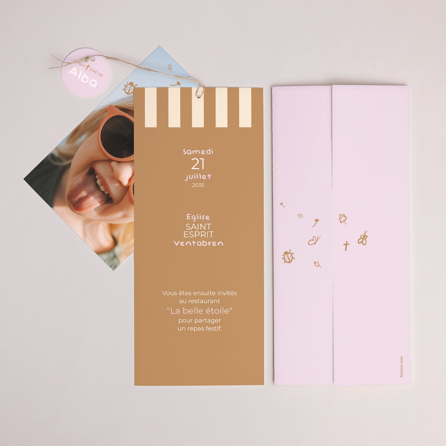 Faire-part Baptême Pochette portrait 2 cartes, étiquette Précieuse journée photo N° 4