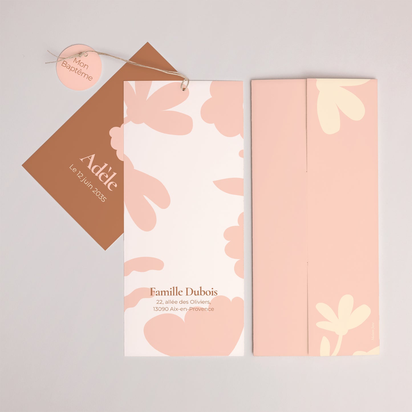 Faire-part Baptême Pochette portrait 2 cartes, étiquette Baptême en Fleurs photo N° 4