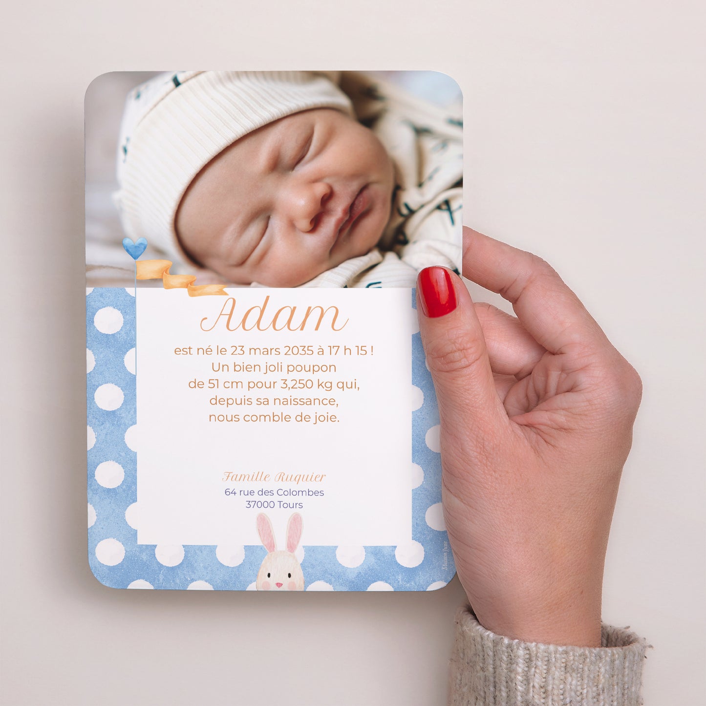 Faire-part Naissance Portrait, bords arrondis Montgolfière à pois photo N° 3