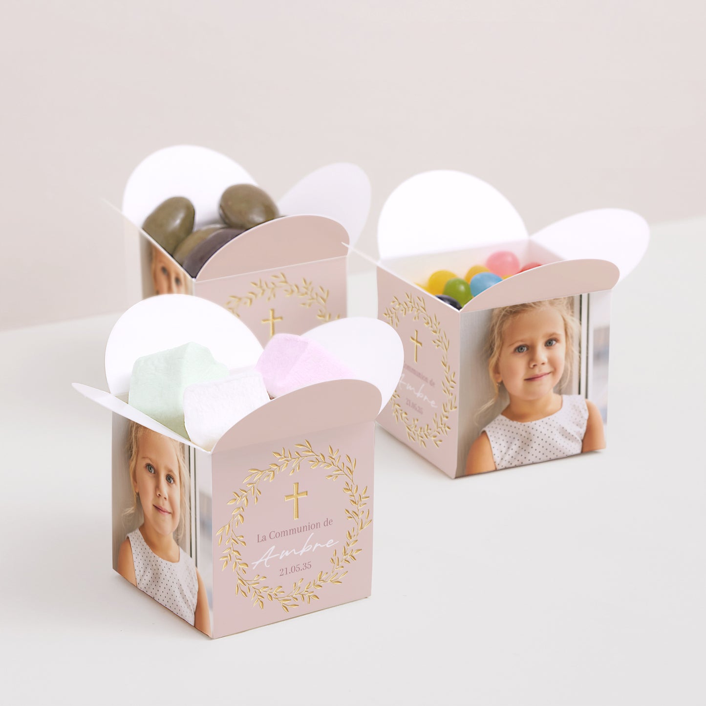 Boîte à dragées Communion Ouverture papillon Bénédiction Dorée Rose photo N° 3