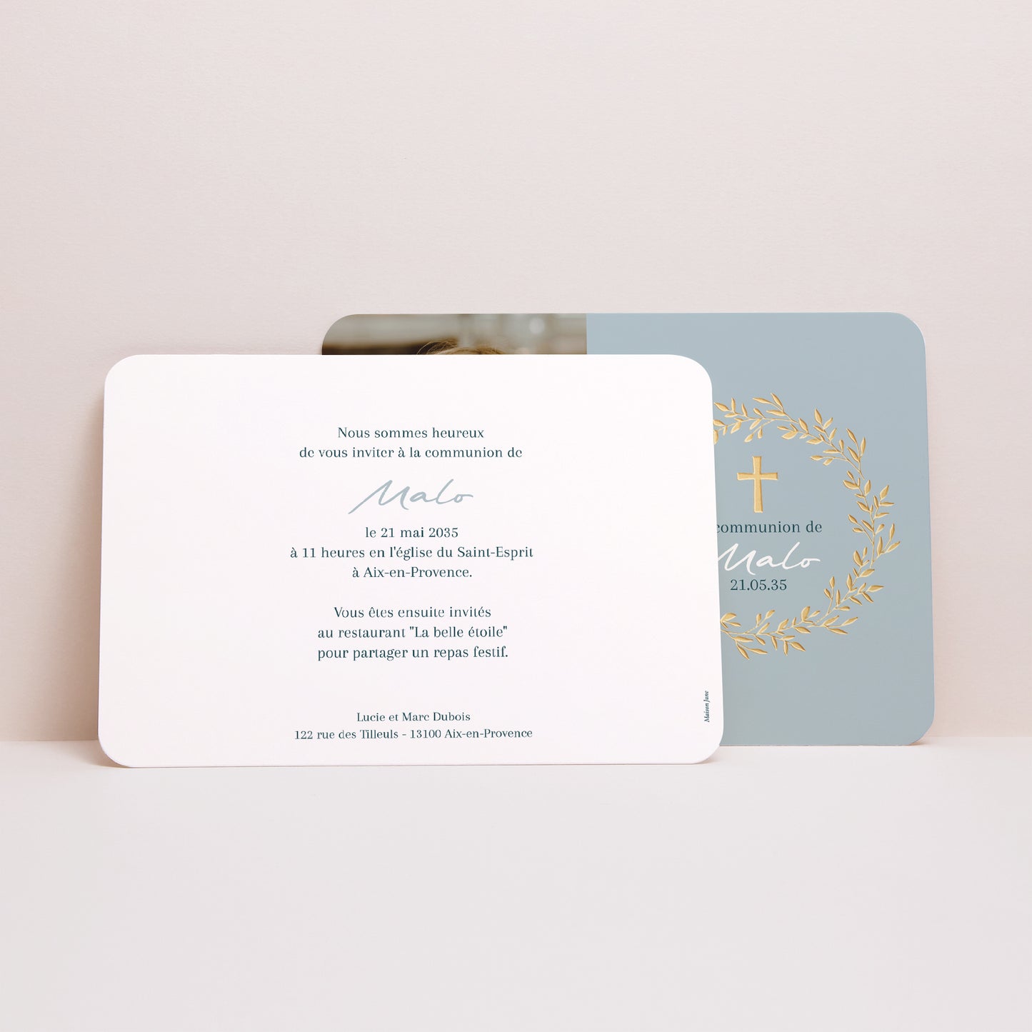 Faire-part Communion Paysage, bords arrondis Bénédiction Dorée bleue photo N° 3