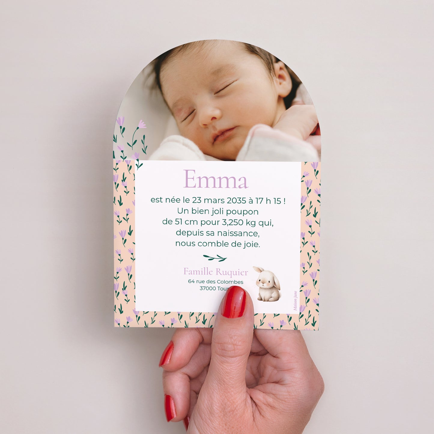 Faire-part Naissance Petite arche Lapin et monogramme fleuri photo N° 3