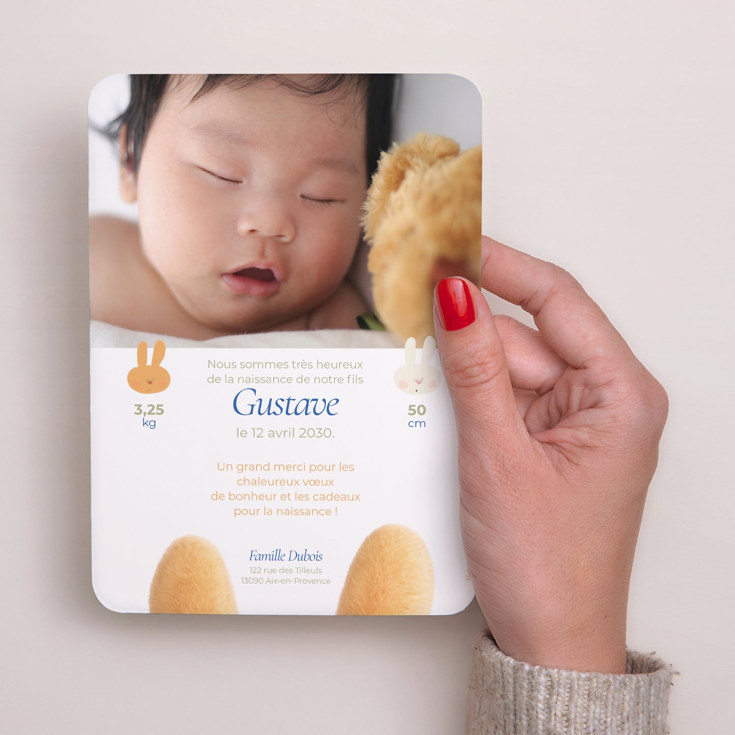 Faire-part Naissance Portrait, bords arrondis Doudou lapin rêveur photo N° 3