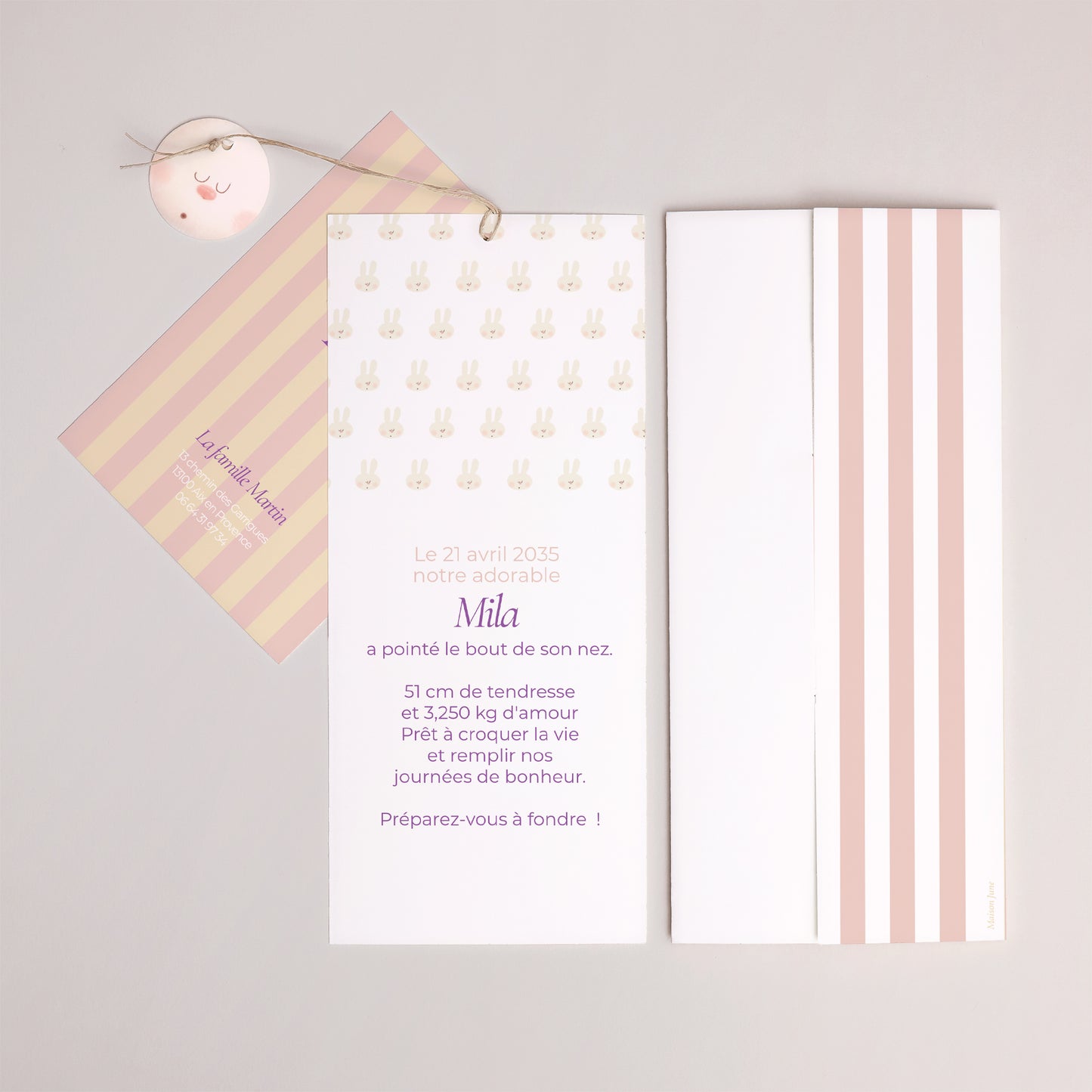 Faire-part Naissance Pochette portrait 2 cartes, étiquette Doudou lapin rayures photo N° 4