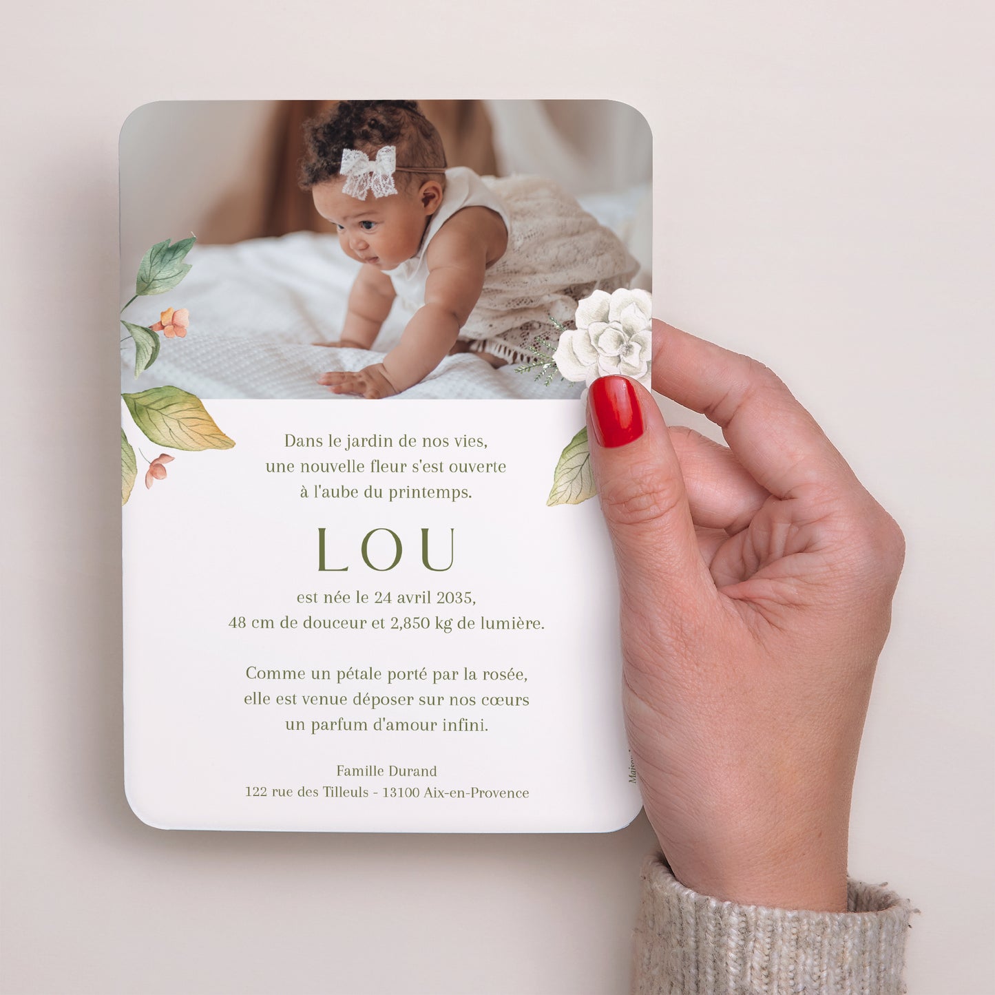 Faire-part Naissance Portrait, bords arrondis Nid Fleuri photo N° 3
