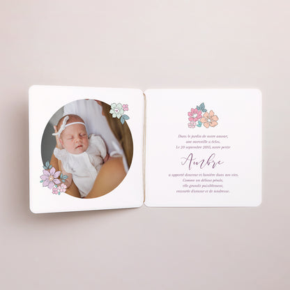 Faire-part Naissance Carré double volet, coins arrondis, étiquette ronde Fleur de Coton photo N° 2