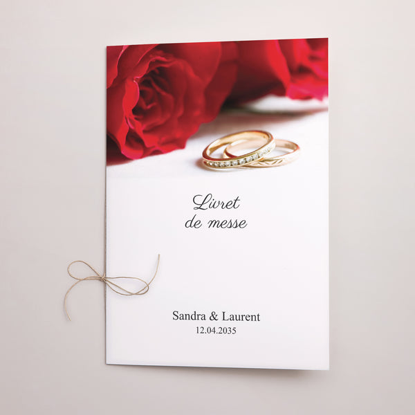 Livret de messe Mariage Double volet Roses rouges et alliances photo
