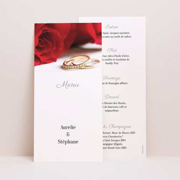 Menu Mariage Panoramique portrait Roses rouges et alliances photo