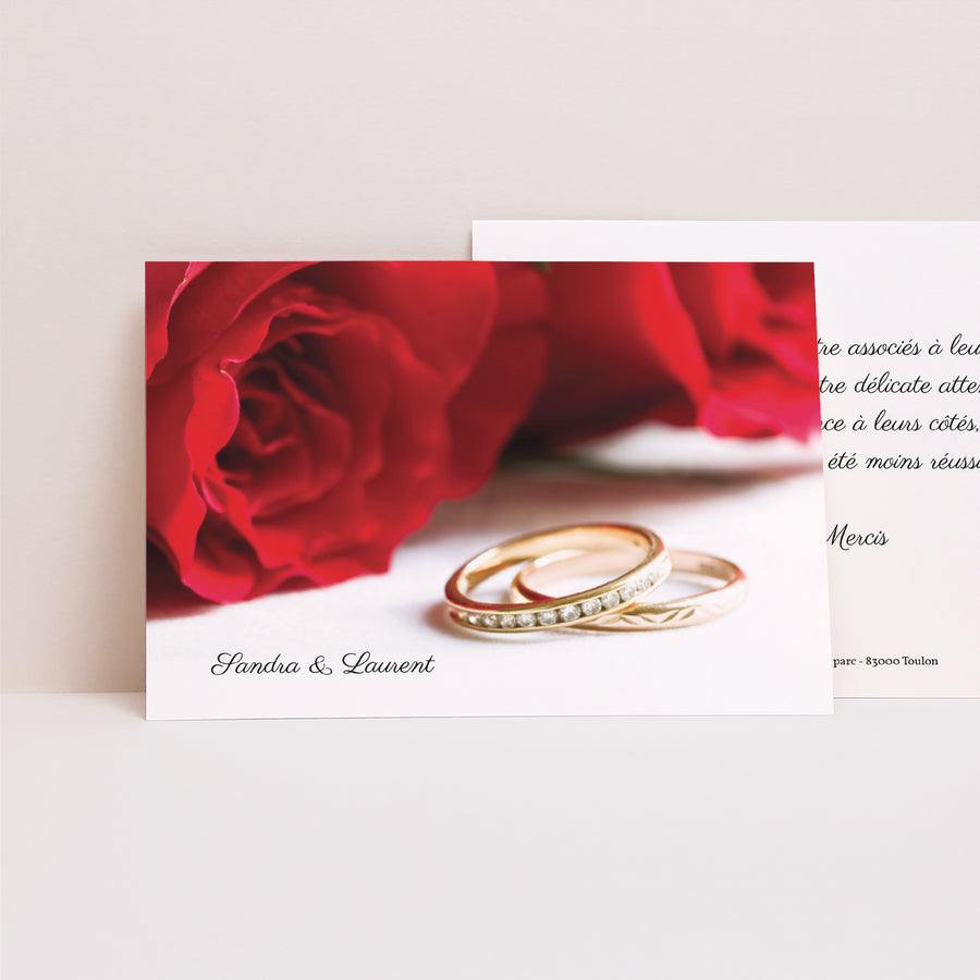 Remerciements Mariage Paysage Roses rouges et alliances photo