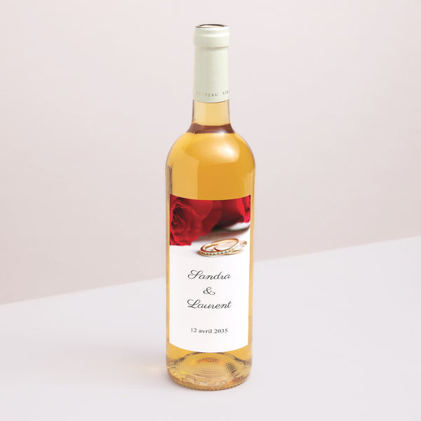 Etiquette bouteille Mariage Portrait Roses rouges et alliances photo