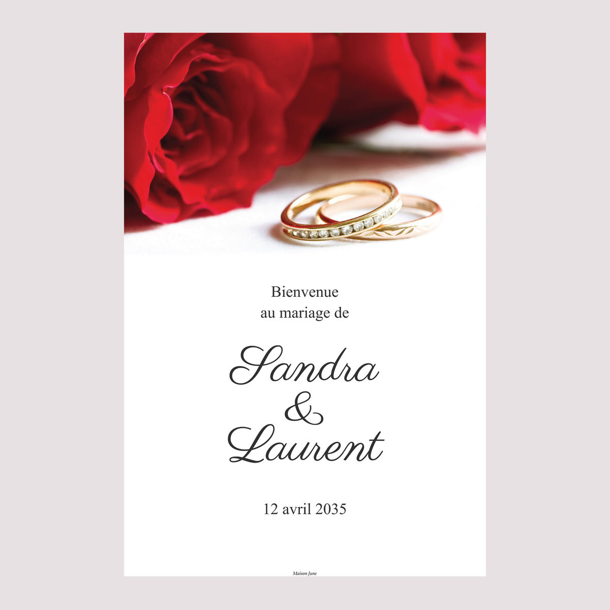 Panneau bienvenue Mariage Portrait 60 x 90 cm Roses rouges et alliances photo N° 2