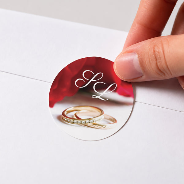 Sticker Mariage Rond Roses rouges et alliances photo
