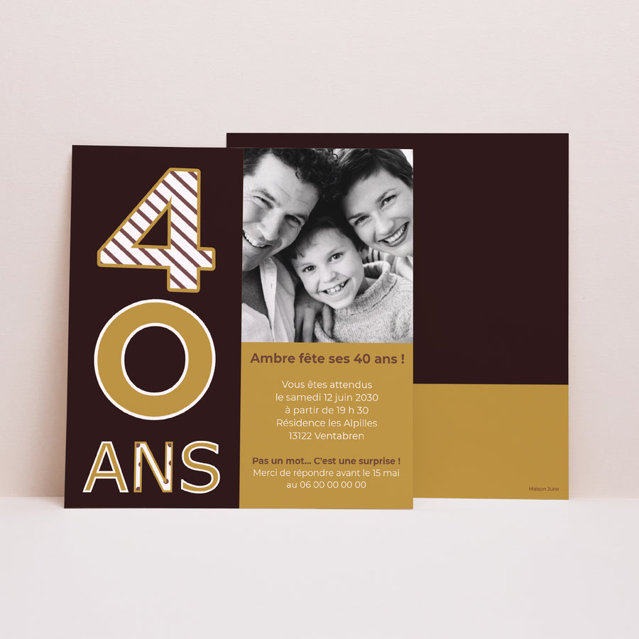 Invitations Anniversaire Adulte Carré 40 ans - Chocolat & Or photo