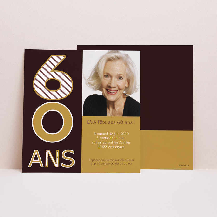 Invitations Anniversaire Adulte Carré 60 ans - Or et chocolat photo