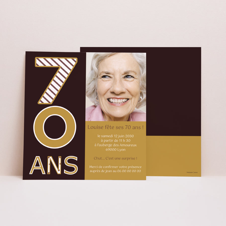 Invitations Anniversaire Adulte Carré 70 ans - Or et Chocolat photo