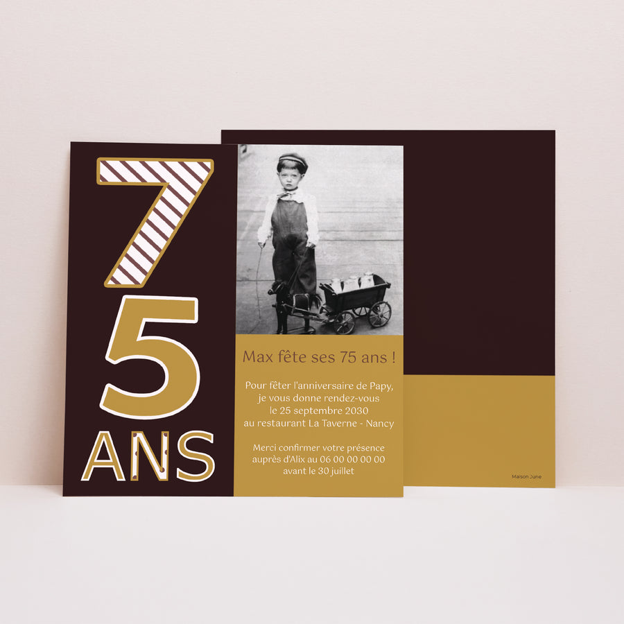 Invitations Anniversaire Adulte Carré 75 ans - Or et Chocolat photo