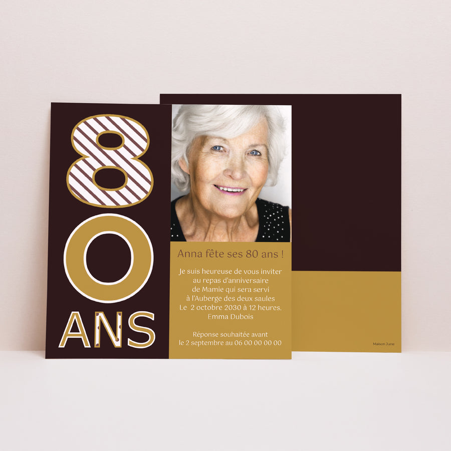 Invitations Anniversaire Adulte Carré 80 ans - Or et Chocolat photo