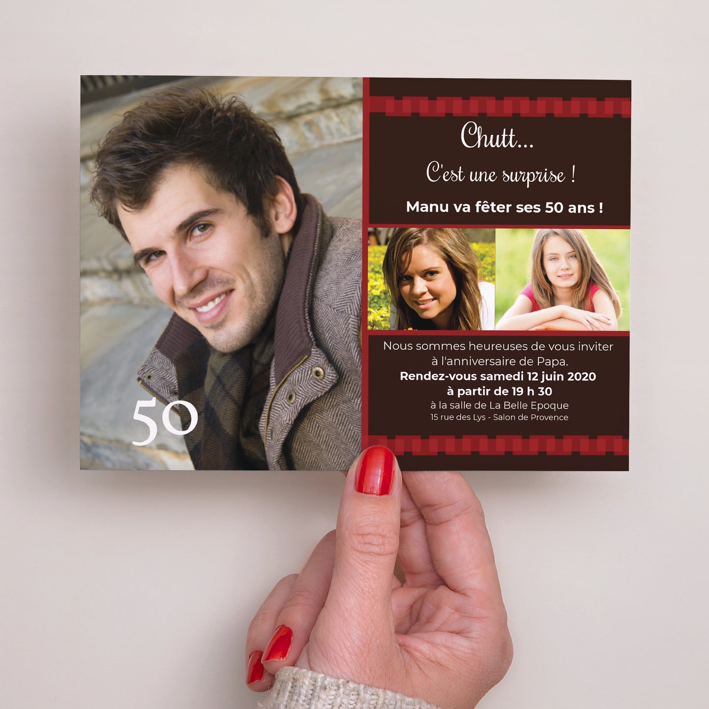 Invitations Anniversaire Adulte Portrait Bordures rouges photo N° 3