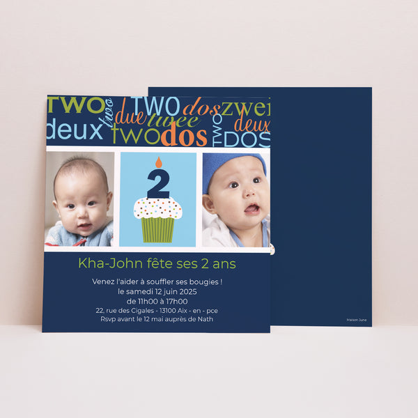 Invitations Anniversaire Enfant Carré Deux Ans - garçon photo