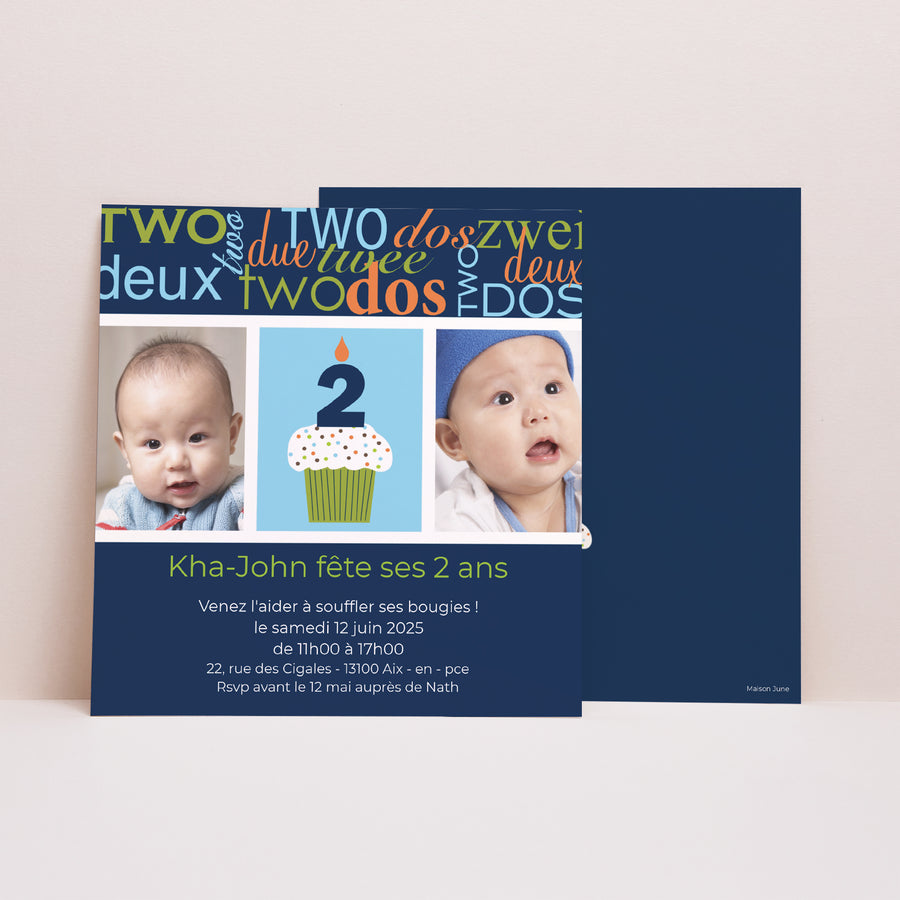 Invitations Anniversaire Enfant Carré Deux Ans - garçon photo