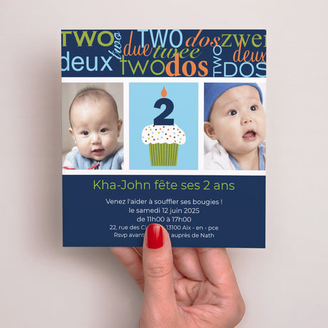Invitations Anniversaire Enfant Carré Deux Ans - garçon