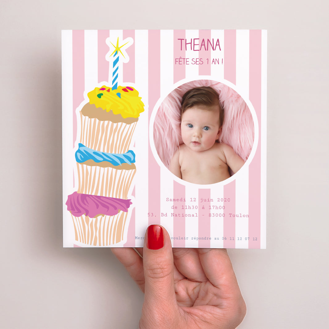 Invitations Anniversaire Enfant Carré 3 bougies et 3 muffins photo N° 2