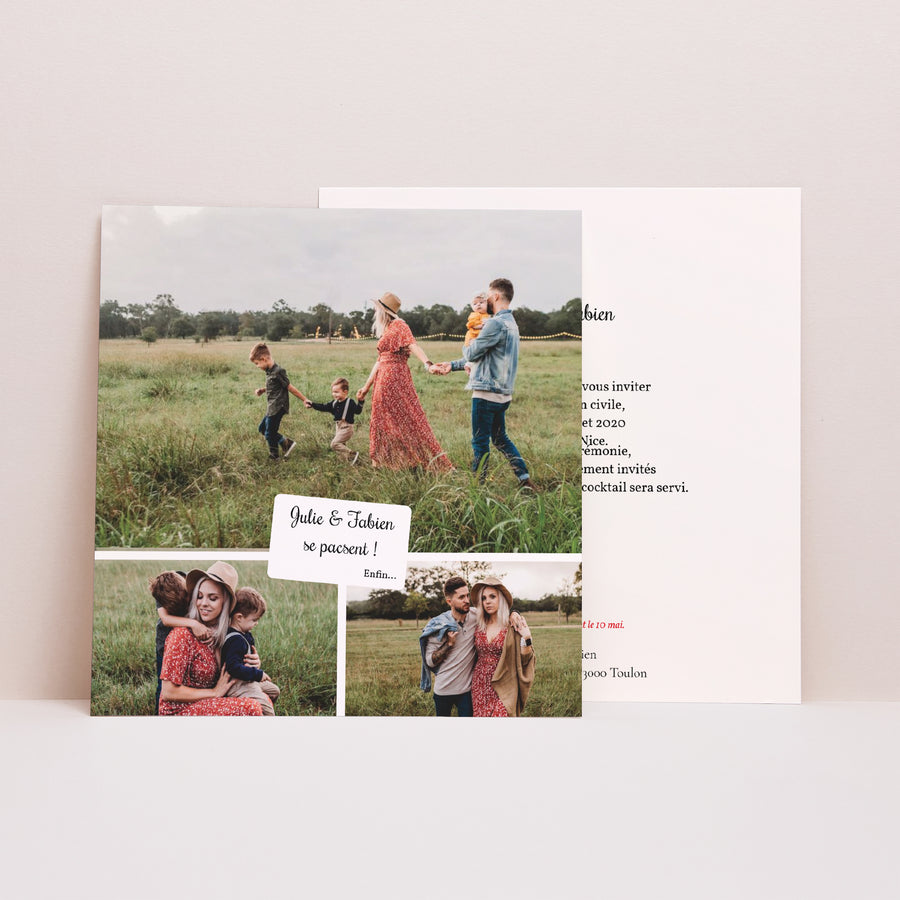 Faire-part Photos Carré Trois photos - Bordure rouge photo