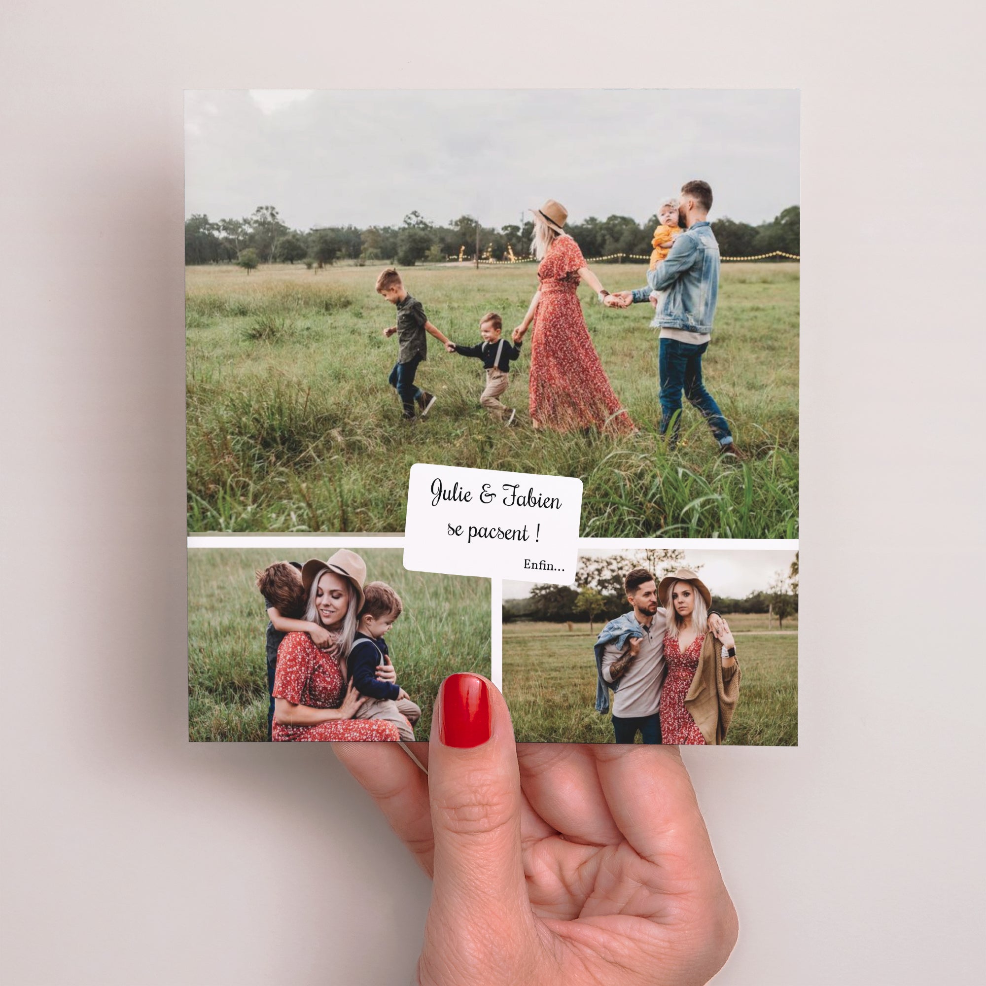 Faire-part Mariage Carré Trois photos - Bordure rouge photo N° 2