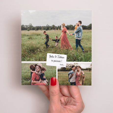Faire-part Mariage Carré Trois photos - Bordure rouge