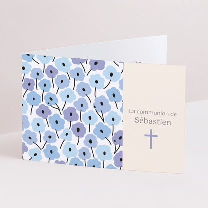 Invitations Communion Double volet paysage Fleurs bleues photo N° 1
