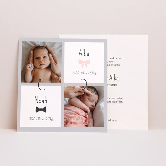 Faire-part Naissance Carré Jumeaux photo