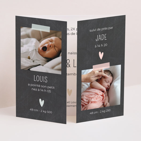 Faire-part Naissance Triptyque ouverture fenêtre Jumeaux ardoise photo
