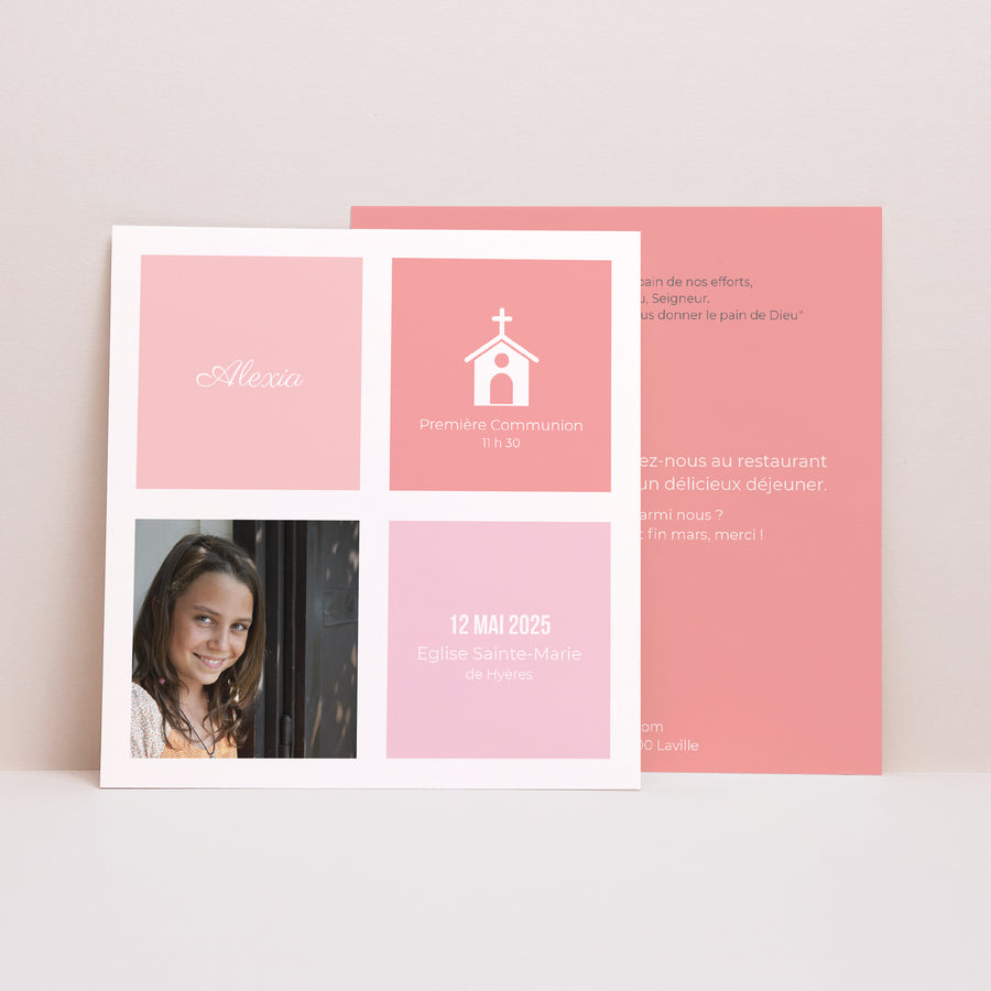 Faire-part Communion Carré Carré rose photo