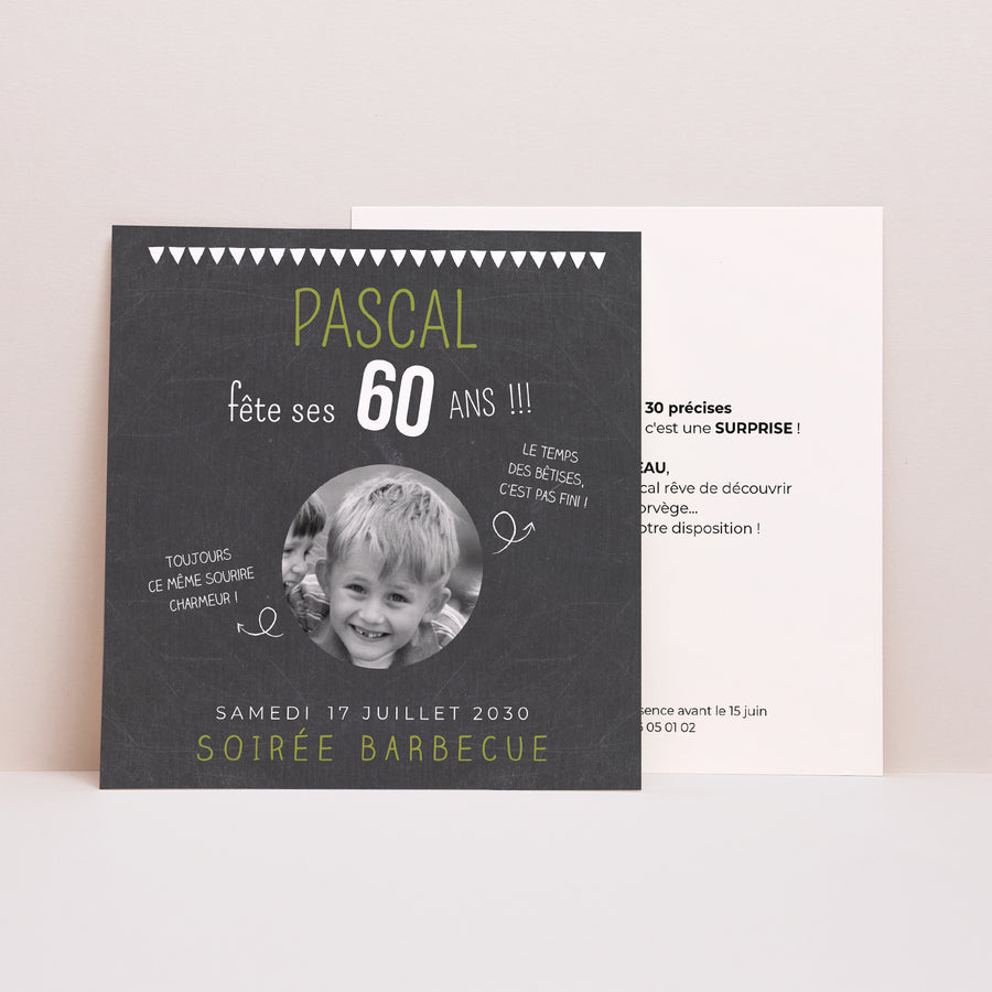 Invitations Anniversaire Adulte Carré Ardoise et Olive photo