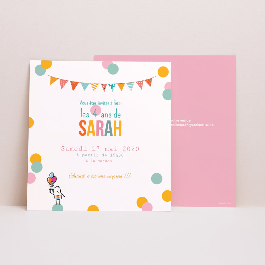 Invitations Anniversaire Enfant Carré 4 ans Paillettes photo