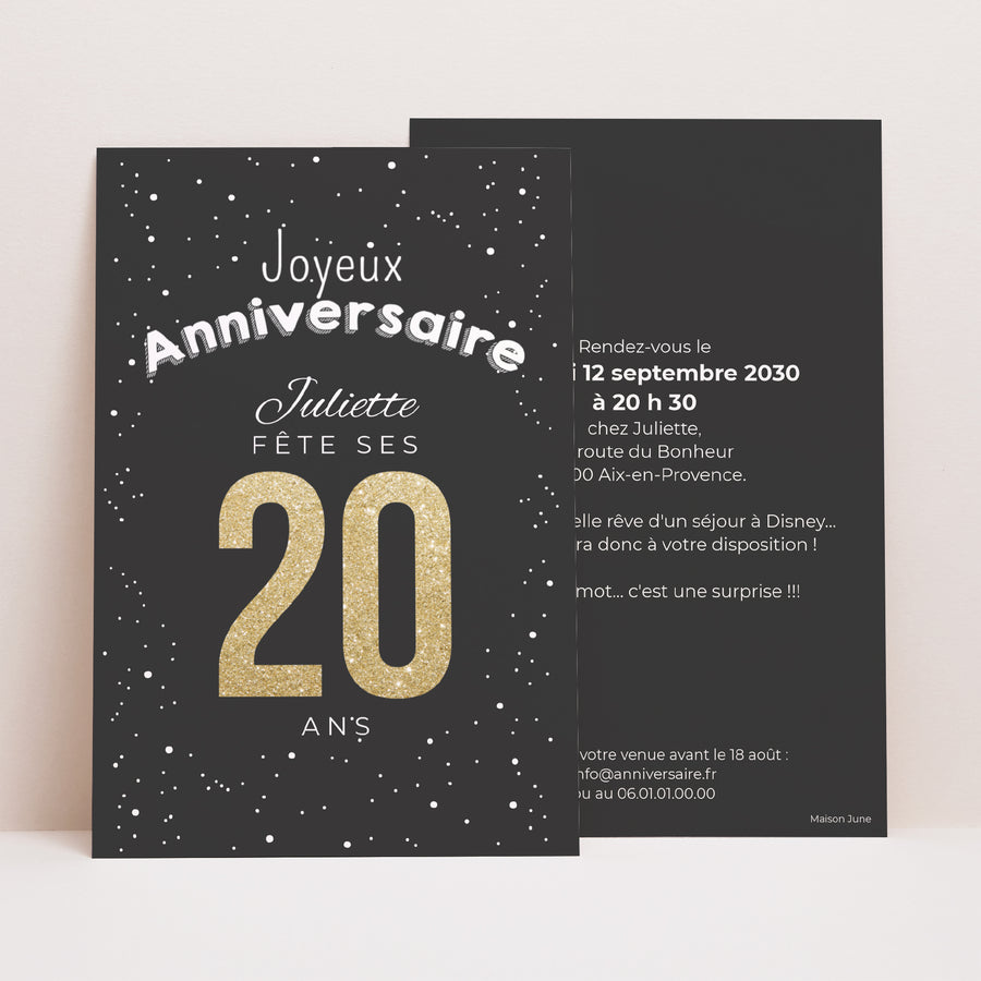 Invitations Anniversaire Adulte Portrait 20 ans dorés photo
