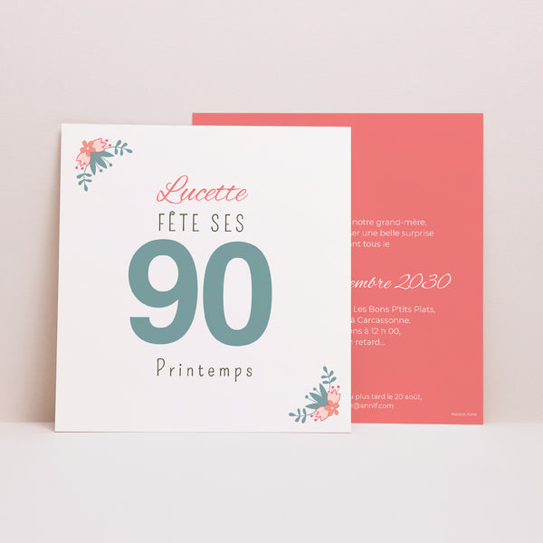Invitations Anniversaire Adulte Carré 90 années fleuries photo