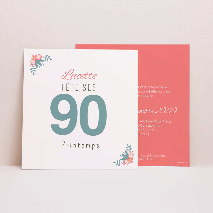 Invitations Anniversaire Adulte Carré 90 années fleuries photo