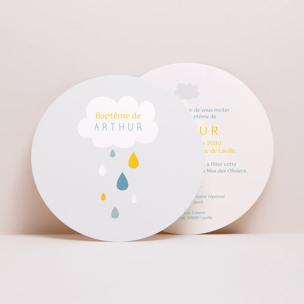 Faire-part Baptême Rond Pluie Bénite Bleue photo