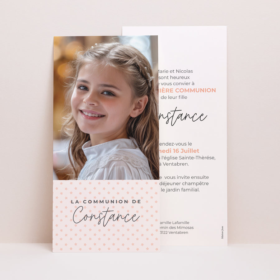 Faire-part Communion Panoramique portrait Motifs roses étoiles photo