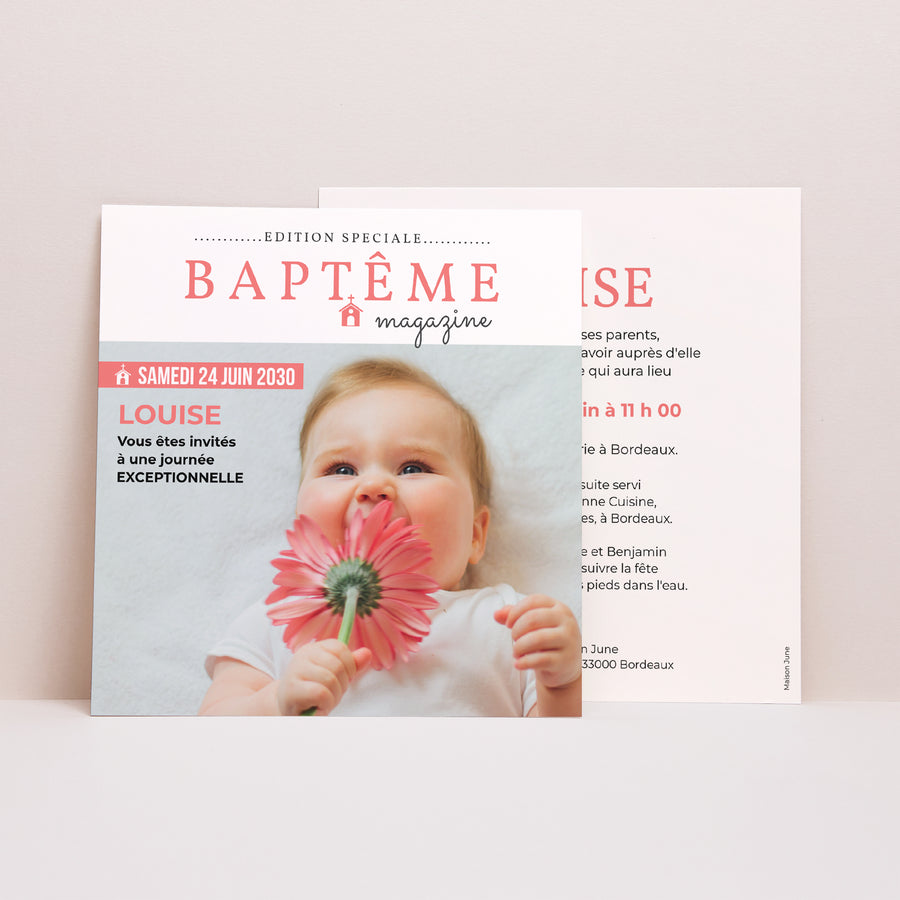 Faire-part Baptême Carré Façon Magazine photo