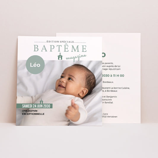 Faire-part Baptême Carré Façon Mag photo