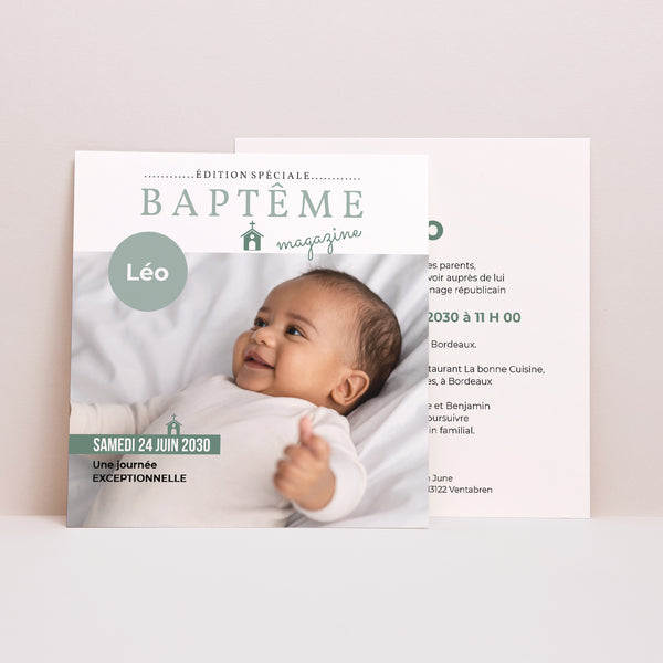 Faire-part Baptême Carré Façon Mag photo