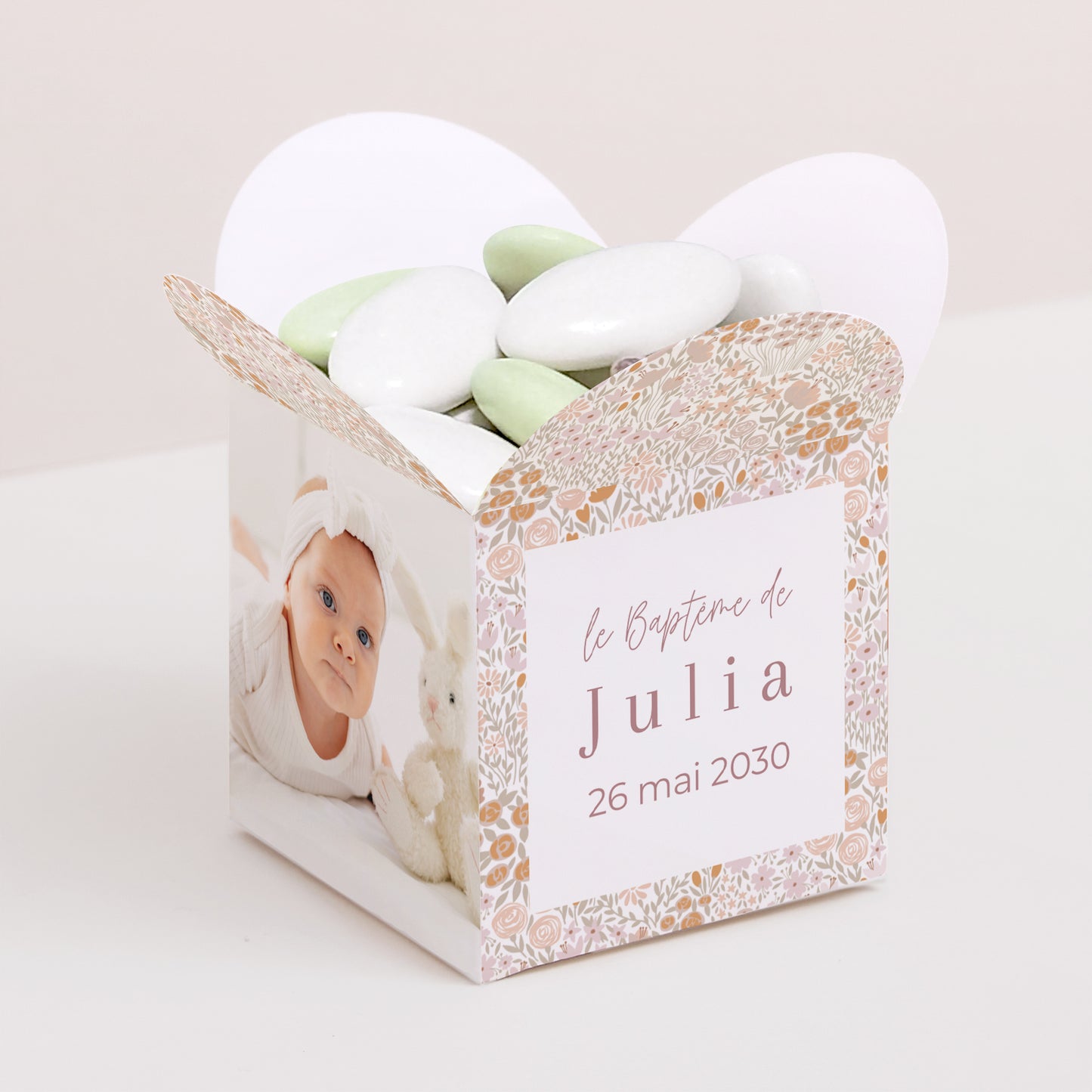 Boîte à dragées Baptême Ouverture papillon Liberty Rose photo N° 1