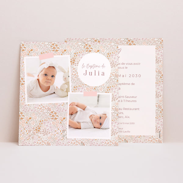 Faire-part Baptême Carré Liberty Rose photo