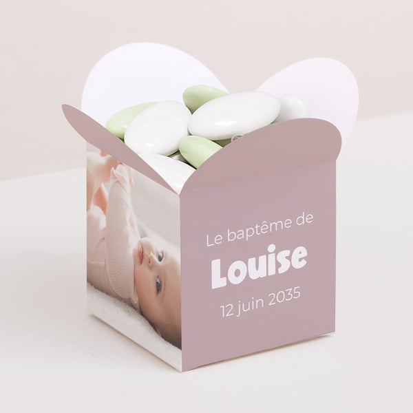 Boîte à dragées Baptême Ouverture papillon Coeur poudré photo