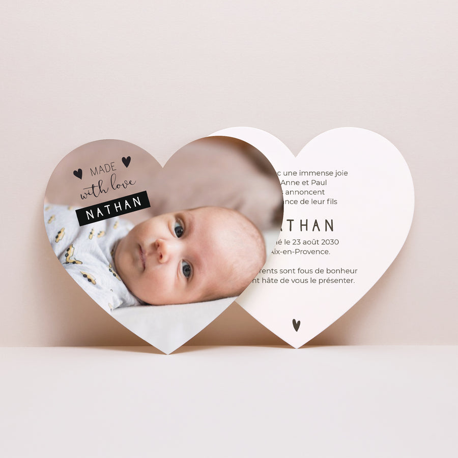 Faire-part Naissance Cœur Made with love photo